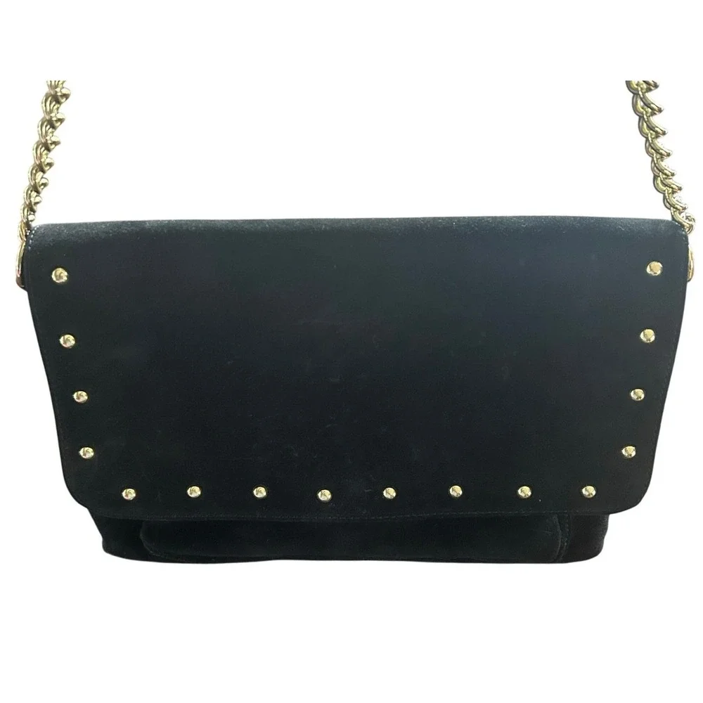 Talbots Suede Shoulder Bag Womens Small Black Studded‎ Gold Chain Strap Purse